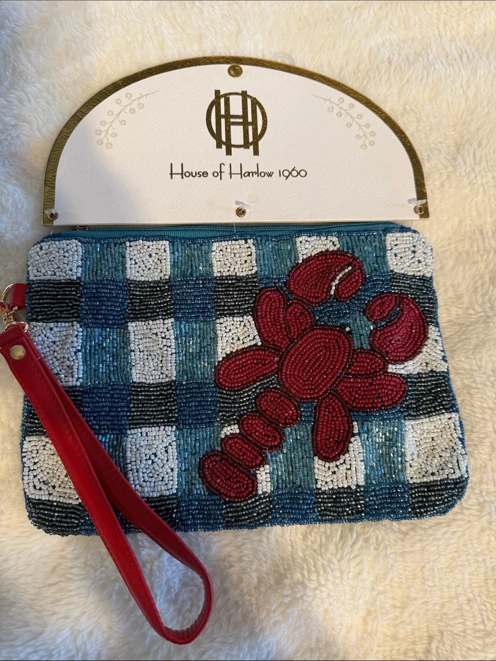 House of Harlow Beaded Blue Check Wristlet with Red Lobster Motif